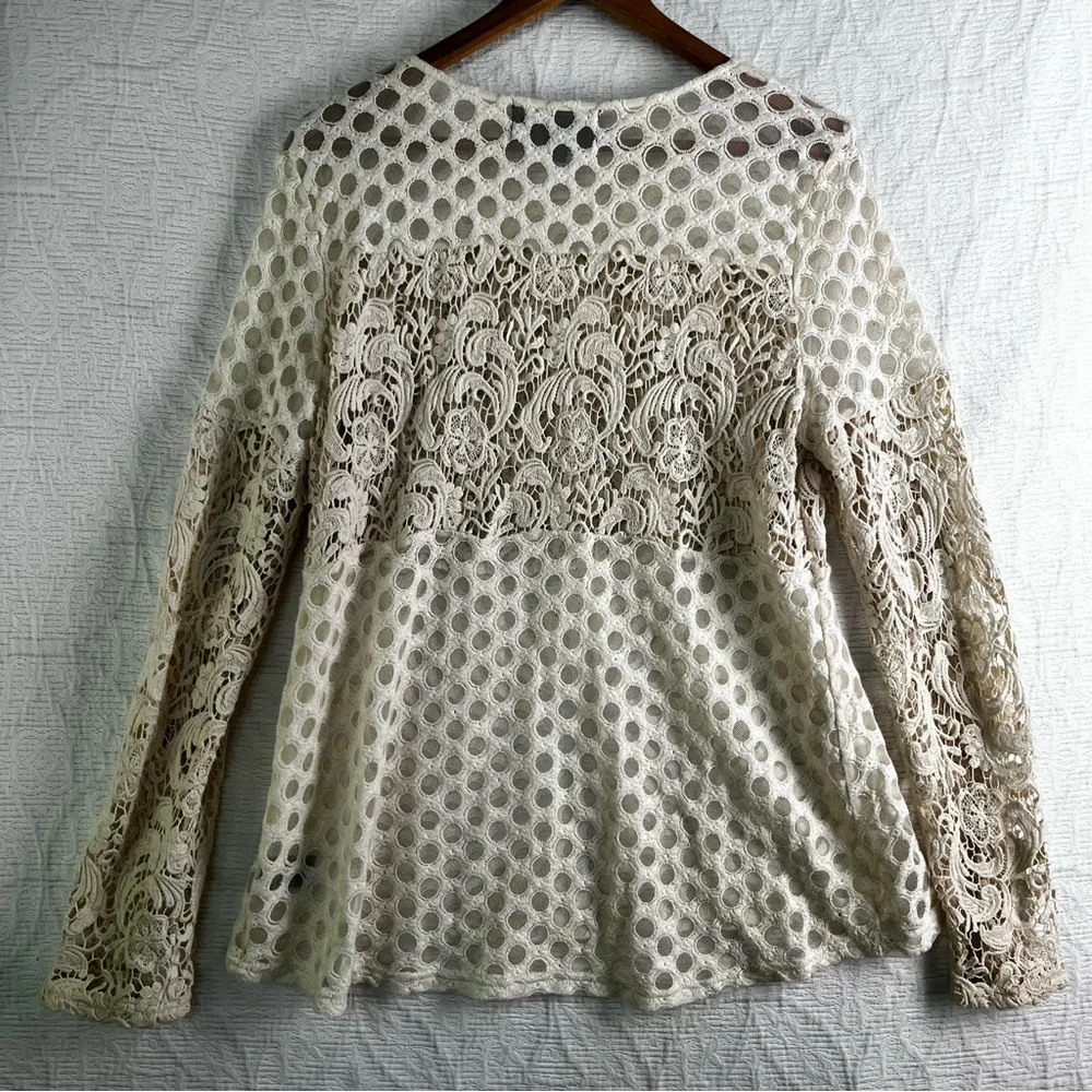 Sunday in Brooklyn Tunic Top Womens Large Crochet Cotton Sheer Lace Cream Shirt